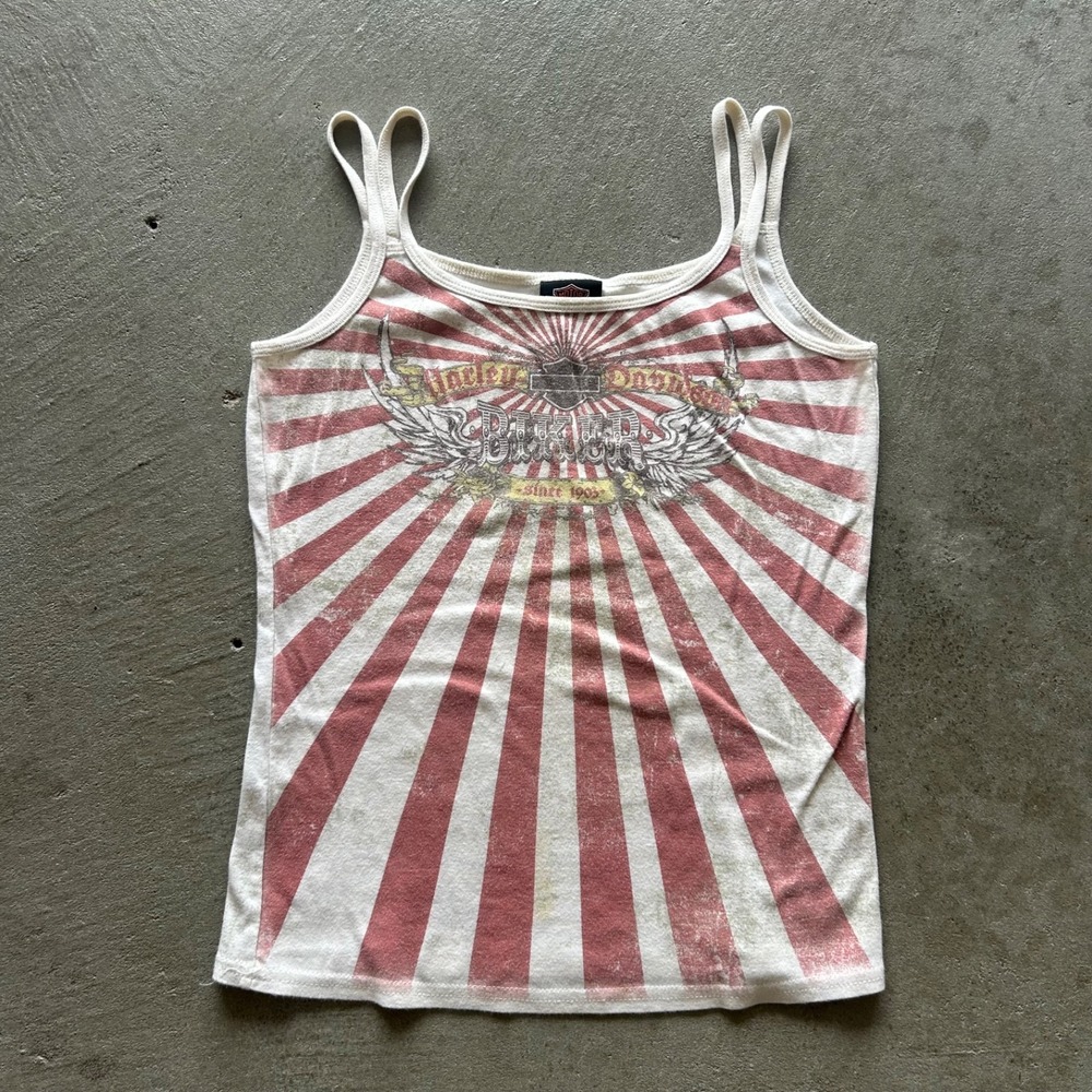 Harley Davidson Tank Top Womens XL White Red Y2K Flag Cami Shirt Muskegon MI